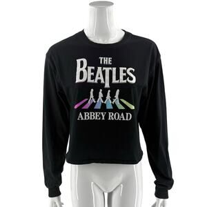 The Beatles Abbey Road Womens T Shirt Top Size Large Black Graphic Cropped Tee
